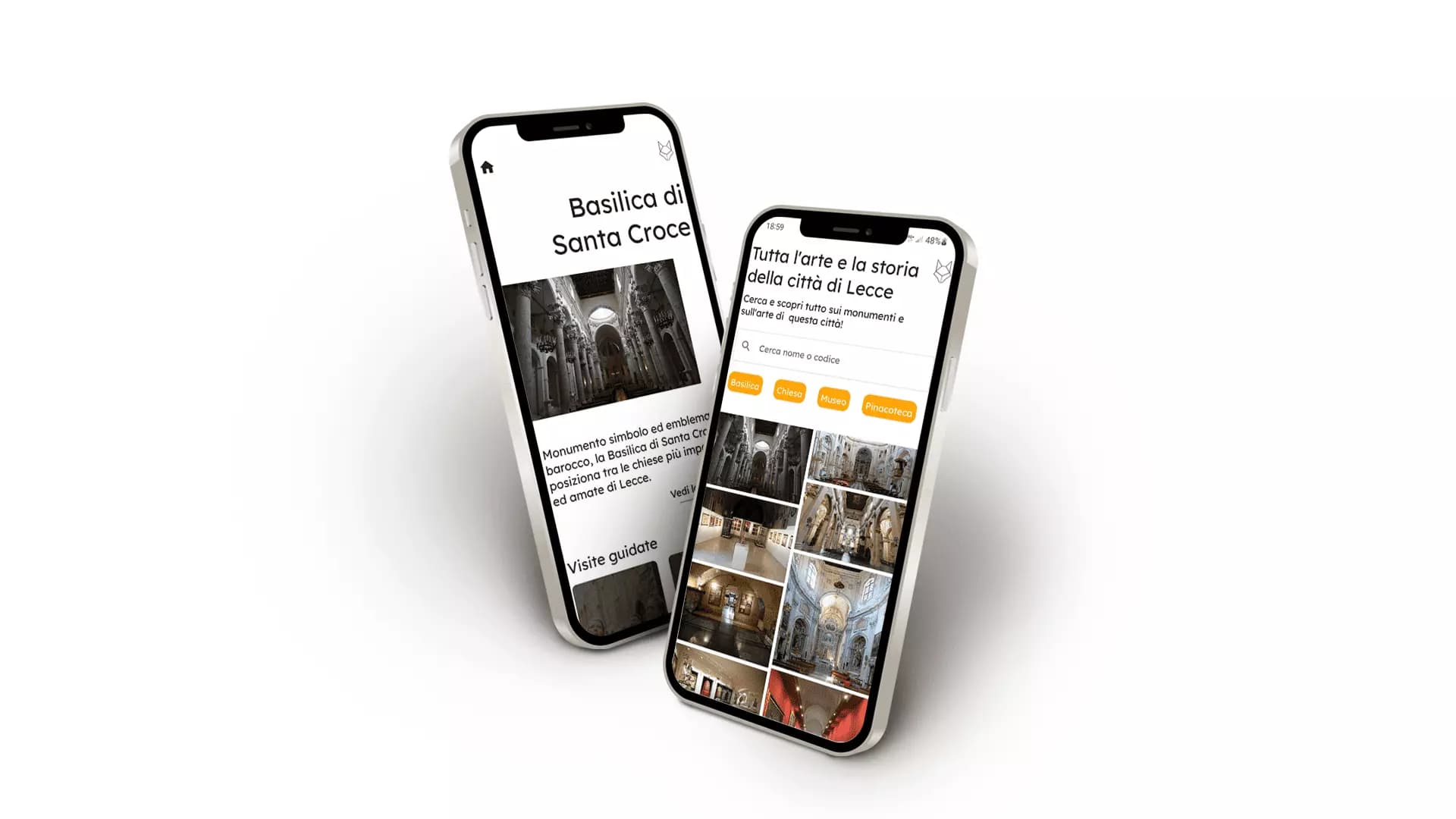 Lecce Arte e Storia app interface on a phone mockup