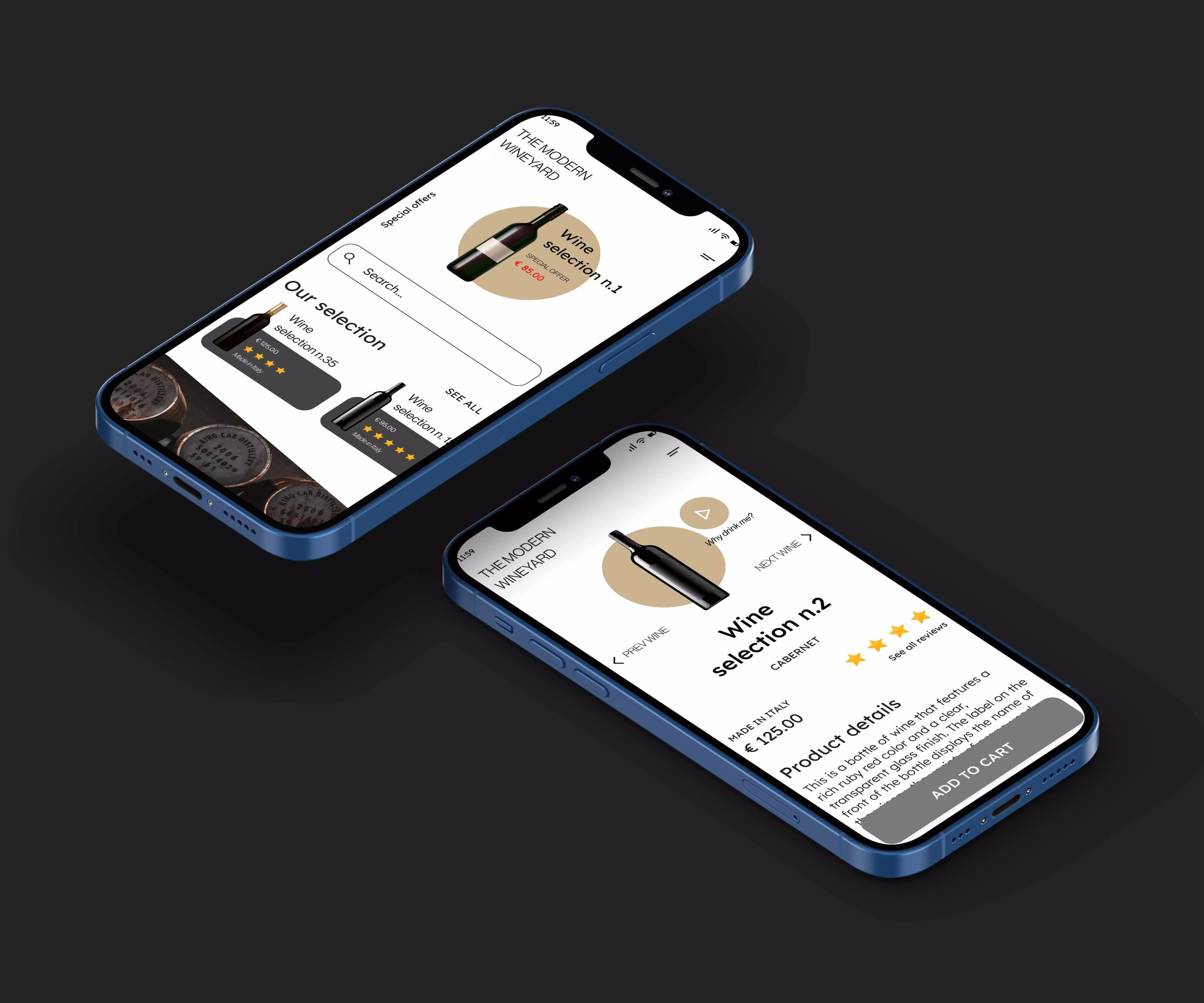 The Modern Wineyard app displayed on two phones