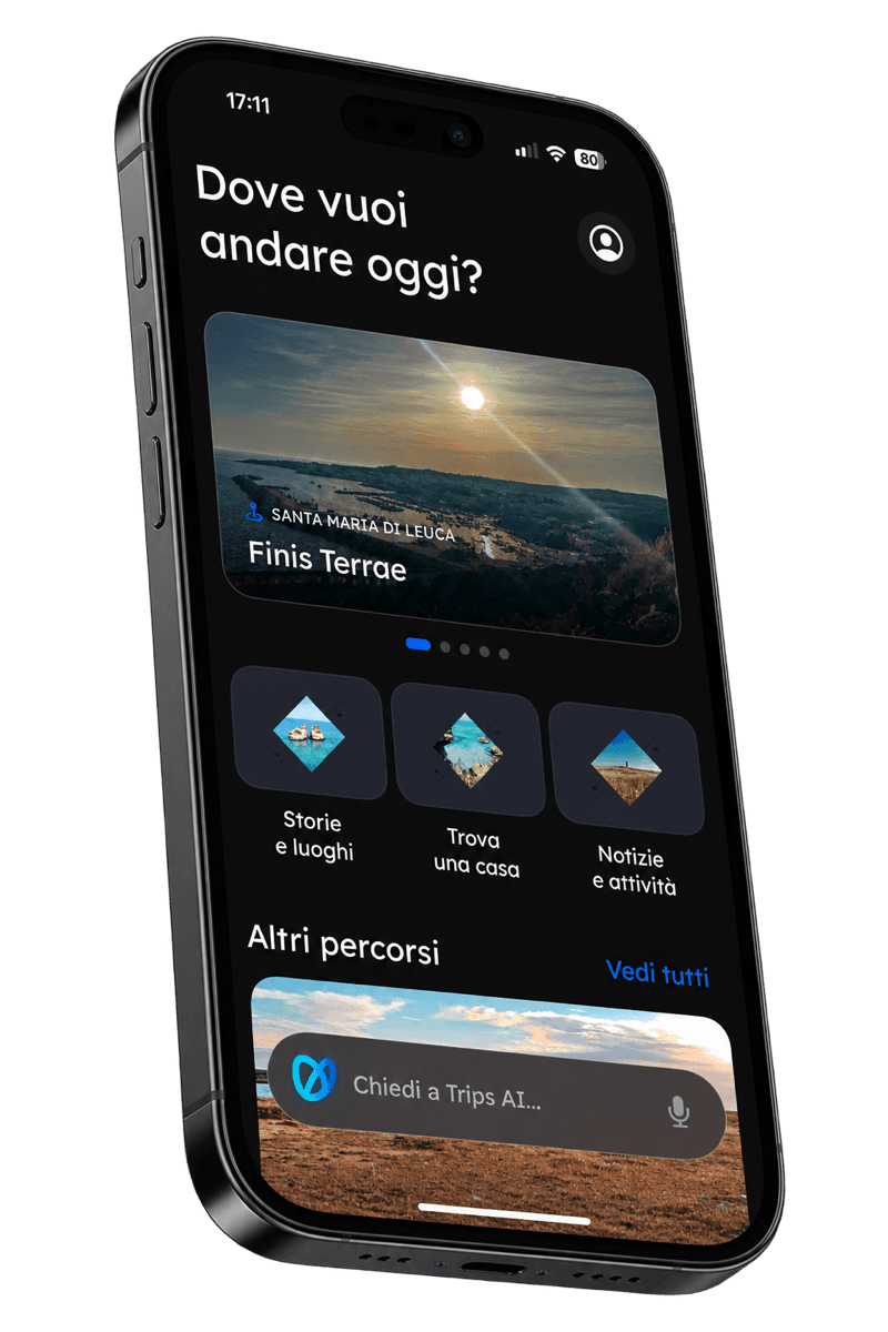 Salento Trips app interface on a black phone mockup